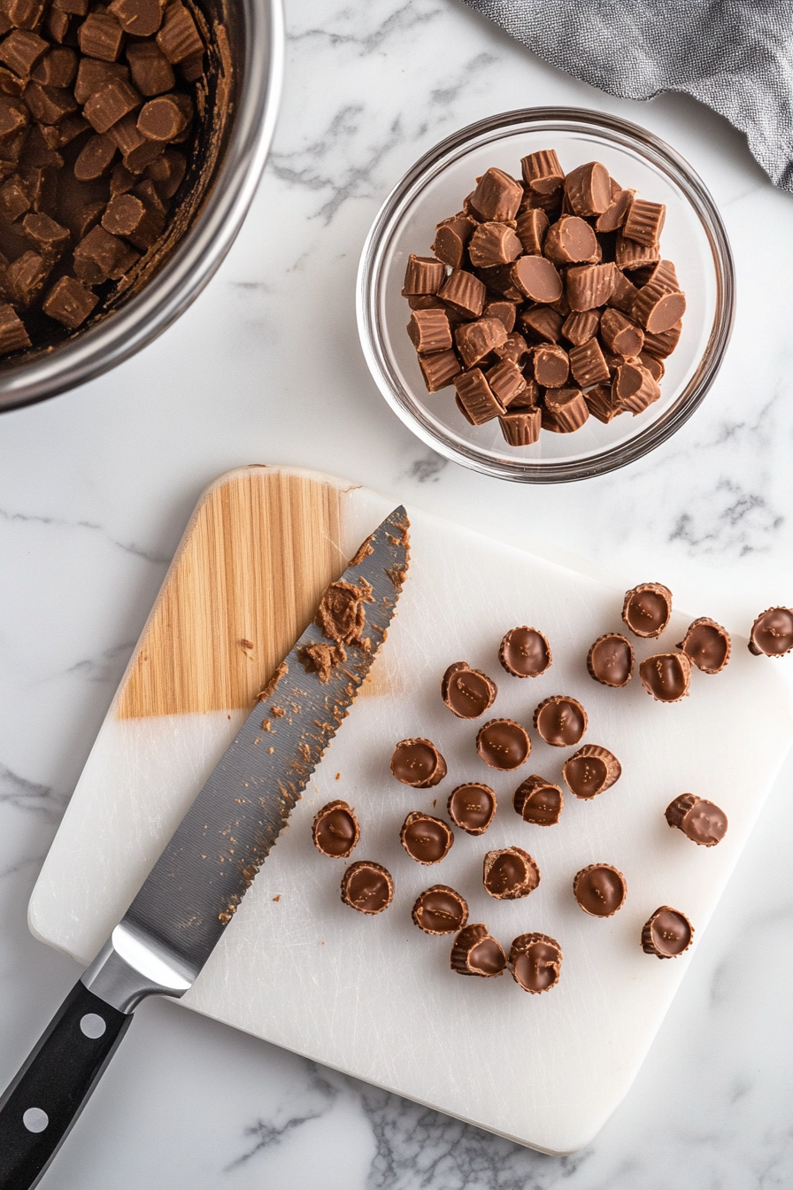 Top-down view of a clean cutting board on a white marble cooktop with an open 7.6 oz bag of Reese's Minis. A knife is used to cut the mini Reese's cups into quarters, with half of the cut Reese’s Minis in a small bowl and the rest set aside for garnish.