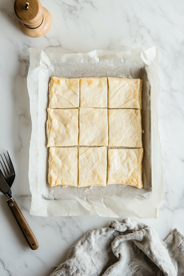 Top-down view of a thawed puff pastry sheet rolled out on a parchment-lined baking sheet. The pastry is cut into six even rectangles with edges pricked with a fork, highlighting the neatly prepared puff pastry ready for filling.