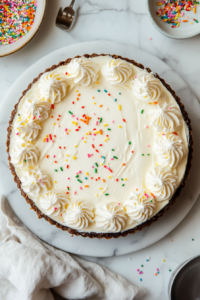 Top-down view of a slice of cheesecake being lifted from the serving plate. The crumbly biscuit base and smooth, creamy filling are visible, with colorful sprinkles throughout the cheesecake slice.