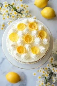 Top-down view of the finished lemon cake decorated with candied lemon peel on top of the icing, ready to serve on a cake stand.