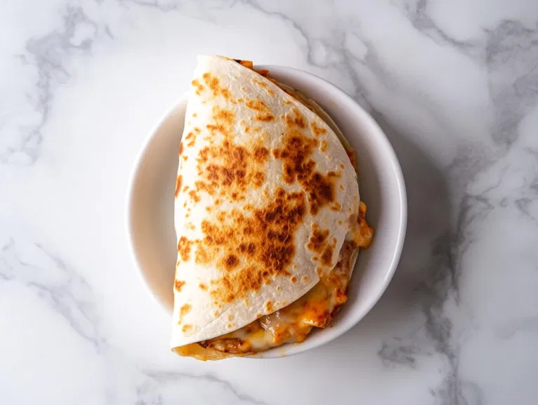 This image shows a plate of golden-brown quesadillas filled with flavorful al pastor pork, melted cheese, and diced pineapple, sliced into wedges and served warm