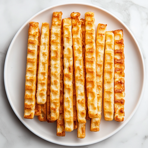 This image shows a close-up of perfectly cooked waffle sticks arranged on a serving plate. The waffle sticks are golden brown and crispy, served with small bowls of maple syrup and fresh berries for dipping, making for a delicious and visually appealing breakfast option.