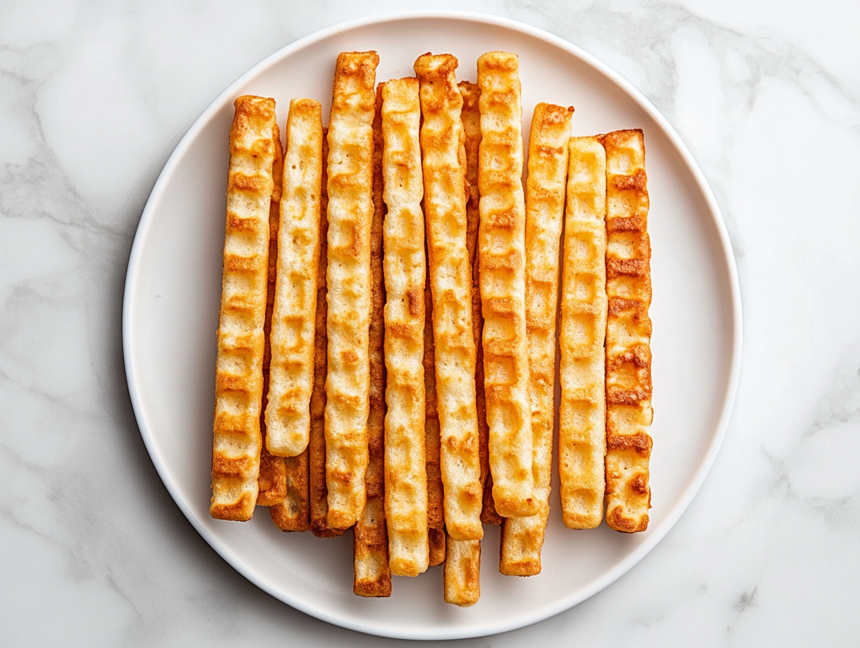 This image shows a close-up of perfectly cooked waffle sticks arranged on a serving plate. The waffle sticks are golden brown and crispy, served with small bowls of maple syrup and fresh berries for dipping, making for a delicious and visually appealing breakfast option.