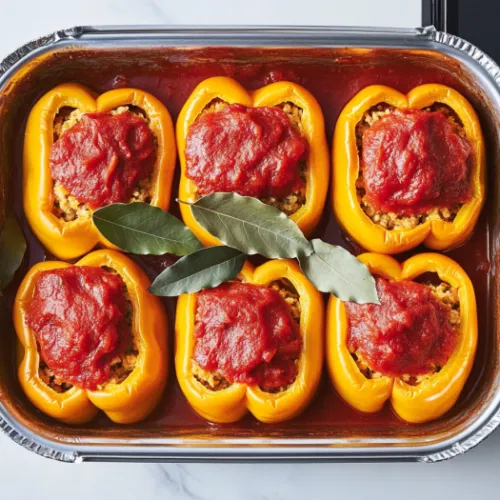 This image shows a baking dish filled with vibrant green stuffed peppers topped with tomato lids, swimming in a rich tomato sauce, ready to be served