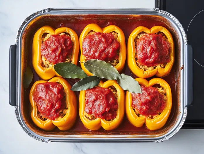 This image shows a baking dish filled with vibrant green stuffed peppers topped with tomato lids, swimming in a rich tomato sauce, ready to be served