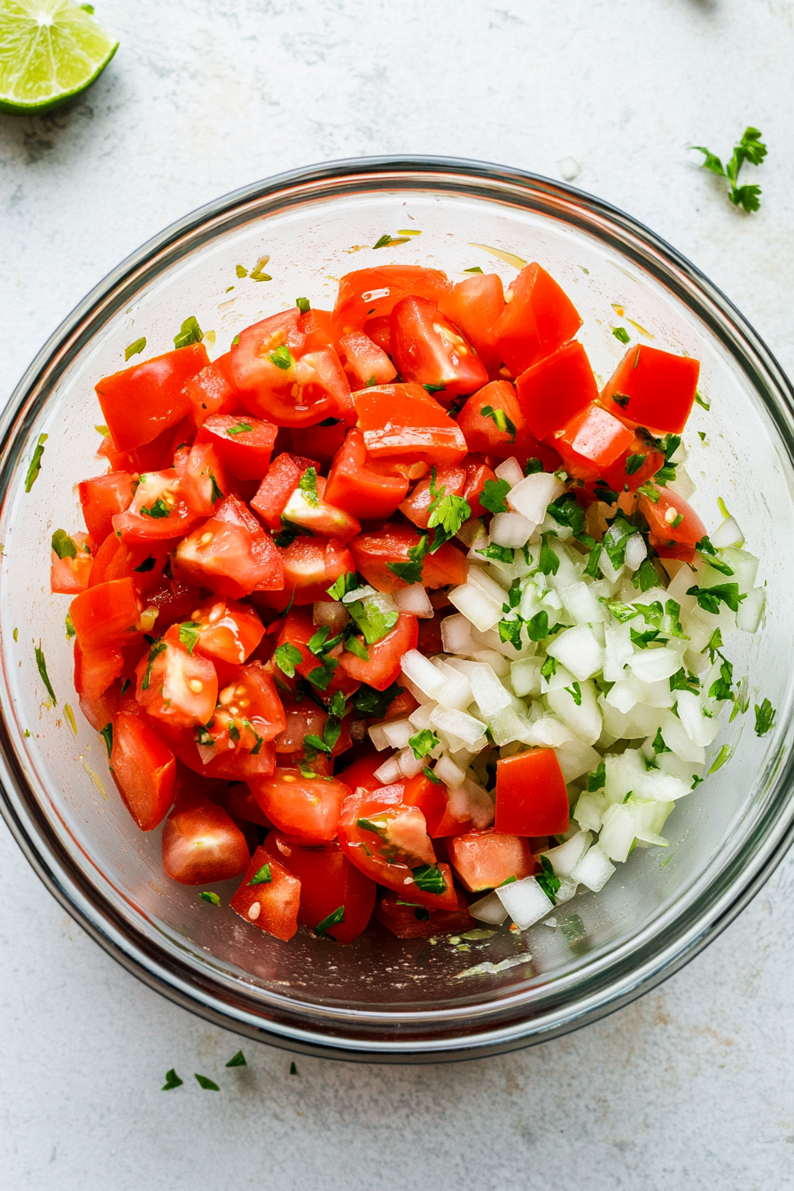 Top-down view of the bowl as 7 finely diced Roma tomatoes are added to the onion and lime juice mixture, creating a vibrant red blend of tomatoes and onions.