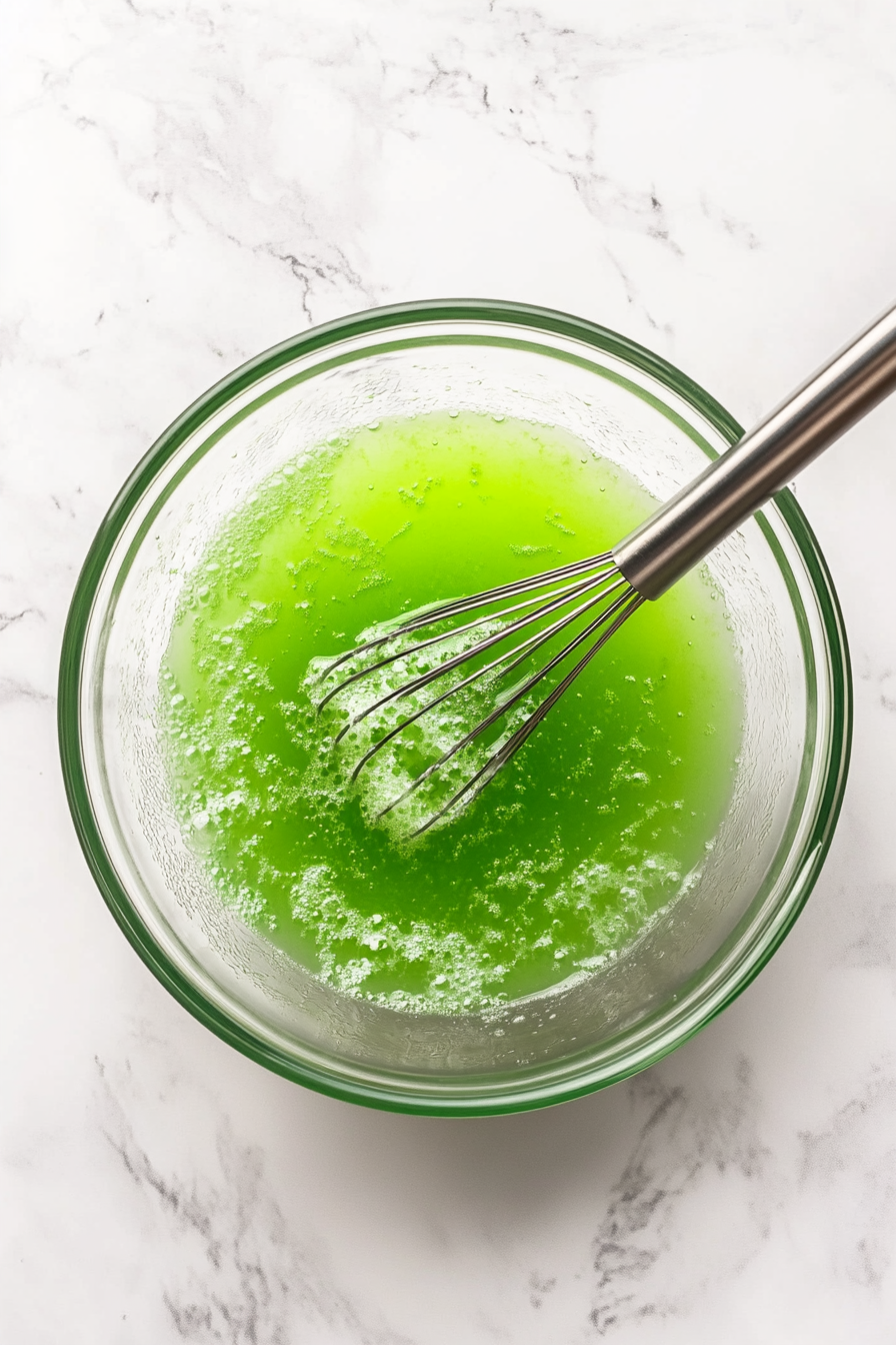 Top-down view of a large mixing bowl on a clean kitchen countertop with a white marble cooktop in the background. Inside the bowl, lime Jello powder is being whisked into boiling water, creating a smooth and vibrant green mixture.