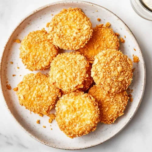 Top-down view of golden, crispy Dorito-crusted Babybel cheese rounds freshly removed from the air fryer, served on a small plate with a drink or ice cream beside them on a white marble countertop.