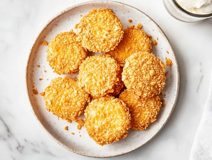 Top-down view of golden, crispy Dorito-crusted Babybel cheese rounds freshly removed from the air fryer, served on a small plate with a drink or ice cream beside them on a white marble countertop.