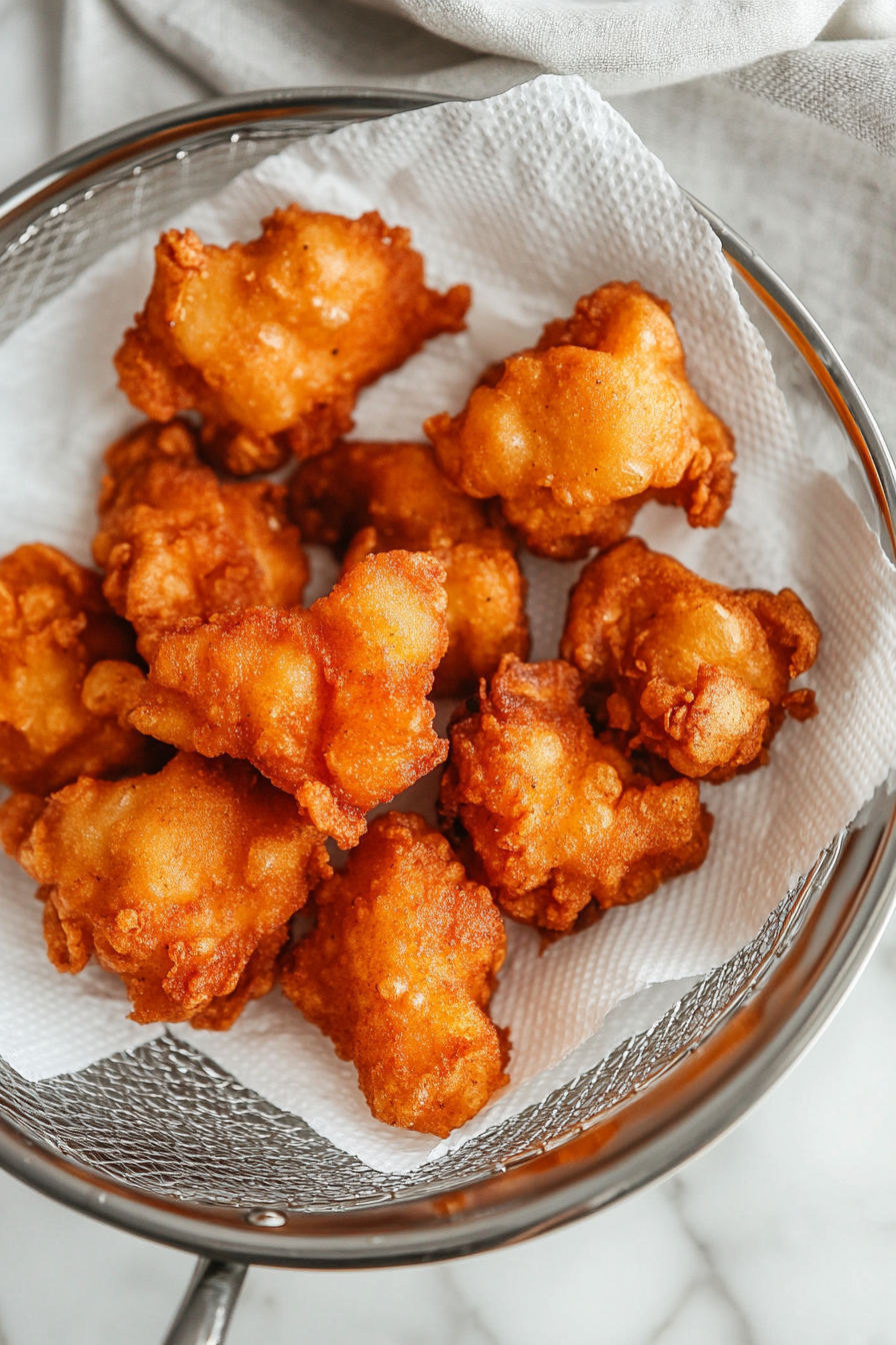 A top-down view of the golden, crispy fried batter pieces being removed from the skillet and drained on paper towels placed on a plate. The fried pieces are crispy and golden, resting on the paper towels to drain excess oil, ready to be served warm.