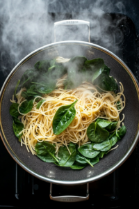 A top-down view of a colander with baby spinach in the sink. Cooked whole-wheat spaghetti is being drained over the spinach, causing the spinach to wilt from the heat of the pasta. The scene shows steam rising and the spinach softening under the pasta.