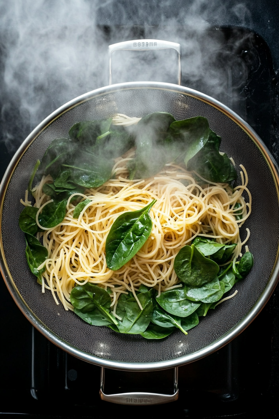 A top-down view of a colander with baby spinach in the sink. Cooked whole-wheat spaghetti is being drained over the spinach, causing the spinach to wilt from the heat of the pasta. The scene shows steam rising and the spinach softening under the pasta.