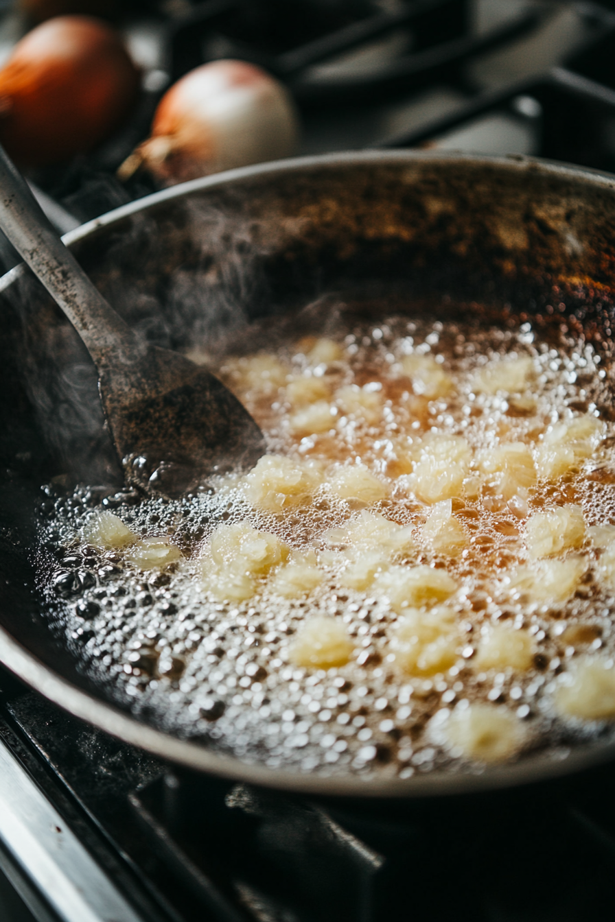 A top-down view of the skillet on the stovetop as tablespoons of onion batter are being dropped into the hot oil. Each piece is slightly flattened with the back of a spoon, sizzling as it hits the oil. The scene captures the frying action, with the batter starting to brown and crisp.