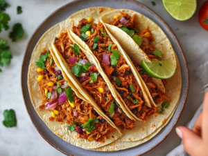 Top-down view of warmed corn tortillas being filled with the rich, caramelized jackfruit mixture, ready for tacos, burritos, or enchiladas on a plate.