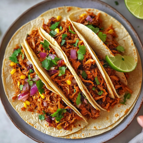 Top-down view of warmed corn tortillas being filled with the rich, caramelized jackfruit mixture, ready for tacos, burritos, or enchiladas on a plate.