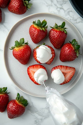 This image shows a piping bag filled with the cream cheese mixture, being used to pipe the filling into the strawberry halves.