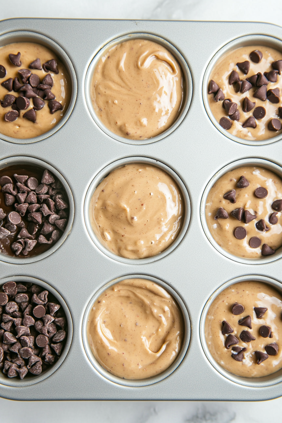 A top-down view of the muffin tin on the white marble cooktop background. Each cup is being filled 2/3 of the way with pancake batter, with optional mix-ins like chocolate chips, berries, or nuts being added to some cups.