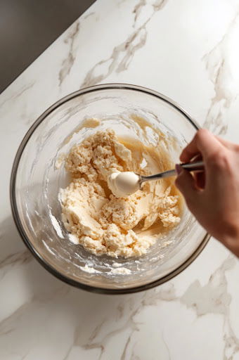 This image shows flour and baking powder being gradually folded into the wet ingredients, forming the final cupcake batter