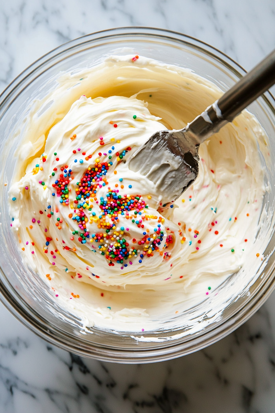 Top-down view of a mixing bowl with sprinkles being folded into the thick cheesecake filling using a spatula. The colorful sprinkles are evenly distributed throughout the creamy mixture.