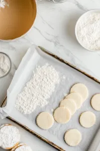 Top-down view of heaping teaspoons of the mixture being dropped onto parchment-lined baking sheets and flattened into thin, even circles.