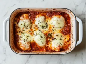 Top-down view of chicken in a casserole dish covered with rich caramelized onion sauce and topped with melted mozzarella cheese. The dish is in the oven, baking until the cheese is bubbly and golden brown on top, ready to serve.