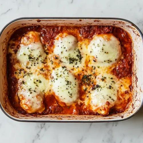 Top-down view of chicken in a casserole dish covered with rich caramelized onion sauce and topped with melted mozzarella cheese. The dish is in the oven, baking until the cheese is bubbly and golden brown on top, ready to serve.