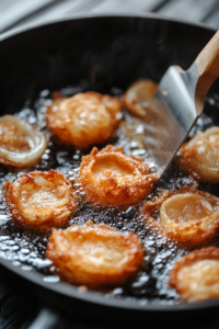 A top-down view of the skillet as the onion batter pieces are being fried to a golden brown. The pieces are being flipped with a spatula to ensure even cooking, becoming crispy and golden on each side. The focus is on the frying process as the batter turns golden and crispy.