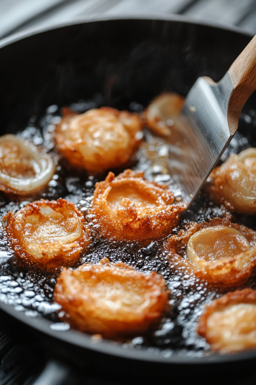 A top-down view of the skillet as the onion batter pieces are being fried to a golden brown. The pieces are being flipped with a spatula to ensure even cooking, becoming crispy and golden on each side. The focus is on the frying process as the batter turns golden and crispy.