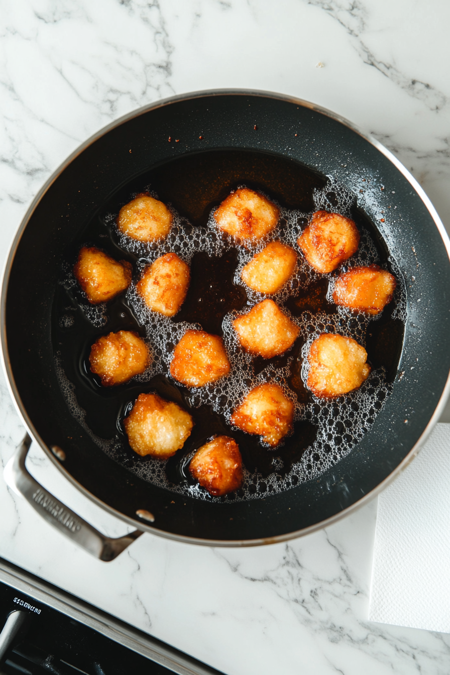 A top-down view of a pan with canola oil on a white marble cooktop. The pan is heated, and the jackfruit pieces, coated in batter and flour, are frying in the oil until golden brown. The scene captures the bubbling oil and crispy jackfruit, with a paper towel-lined plate nearby for draining.