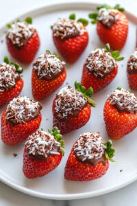 This image shows the filled strawberries being garnished with finely grated chocolate and toasted coconut for a finishing touch.