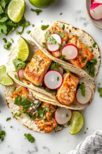 Top-down view of the assembled salmon tacos garnished with fresh cilantro, sliced radishes, and lime wedges, ready to be served.