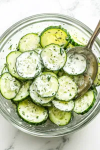 Top-down view of the chilled cucumber salad being served with a slotted spoon, showing the creamy dressing clinging to the cucumber slices.