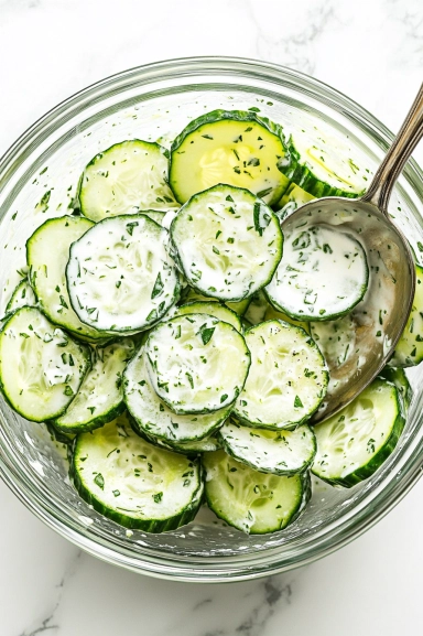 Top-down view of the chilled cucumber salad being served with a slotted spoon, showing the creamy dressing clinging to the cucumber slices.