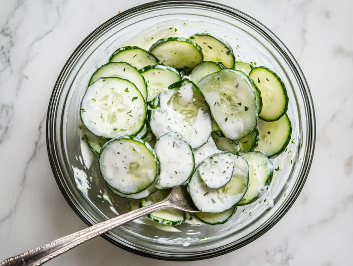 Top-down view of the chilled cucumber salad being served with a slotted spoon, showing the creamy dressing clinging to the cucumber slices.