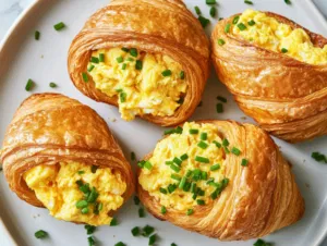 This image shows freshly baked croissant sandwiches layered with cheese, ham, bacon, and fluffy scrambled eggs, garnished with fresh chives