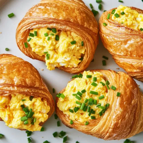 This image shows freshly baked croissant sandwiches layered with cheese, ham, bacon, and fluffy scrambled eggs, garnished with fresh chives