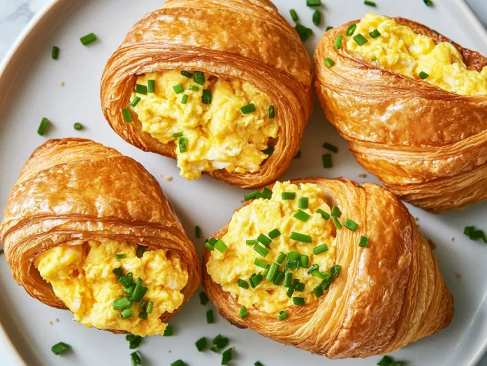 This image shows freshly baked croissant sandwiches layered with cheese, ham, bacon, and fluffy scrambled eggs, garnished with fresh chives