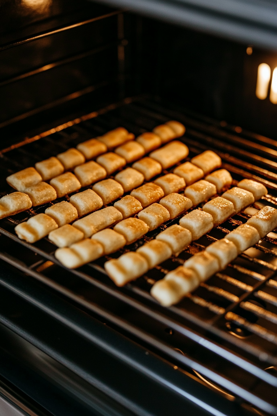 This image shows a waffle stick pan fresh out of the oven, with golden brown waffle sticks perfectly baked and ready to cool. The waffle sticks have a fluffy and crispy texture, ideal for dipping or serving with syrup.