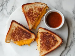 This image shows golden, crispy mini baked grilled cheese sandwiches cut into quarters and served with a side of dipping sauce, ready to enjoy.