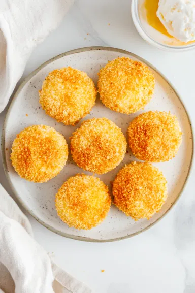 Top-down view of golden, crispy Dorito-crusted Babybel cheese rounds freshly removed from the air fryer, served on a small plate with a drink or ice cream beside them on a white marble countertop.