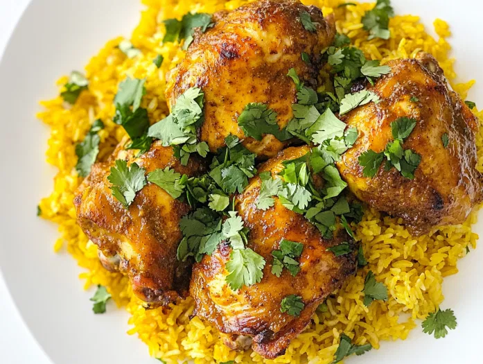 This image shows a plate of grilled curry chicken served over vibrant yellow turmeric rice, garnished with fresh cilantro and accompanied by garbanzo beans.