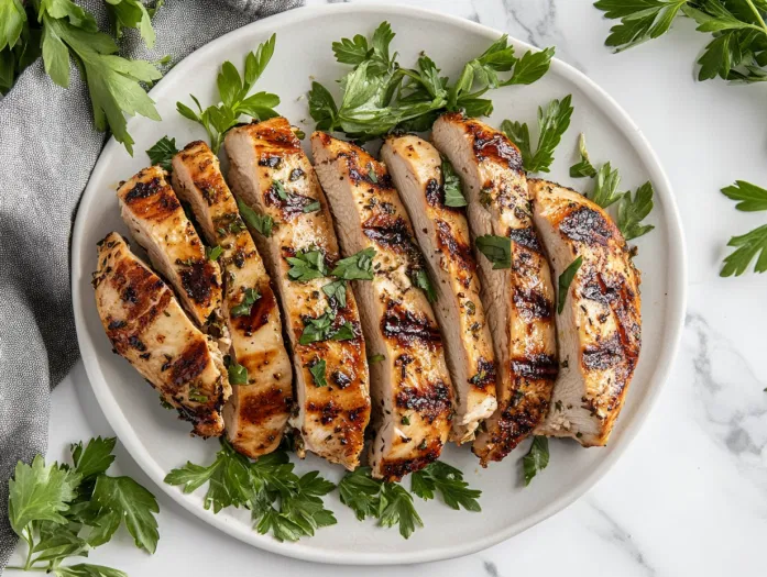 This image shows perfectly grilled Italian chicken breasts garnished with fresh herbs and lemon slices, served on a rustic plate, ready to enjoy.