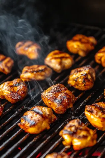 This image shows chicken pieces being grilled over medium-high heat, with visible grill marks, cooking evenly on both sides