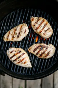 This image shows chicken breasts being placed on a grill preheated to 375°F. The chicken is cooked for 5-7 minutes on each side until the internal temperature reaches 165°F.