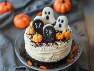 Top-down view of a decorated graveyard pudding cake. White chocolate-covered tombstone cookies are placed into the Oreo topping, and candy corn and pumpkins are arranged around the tombstones.