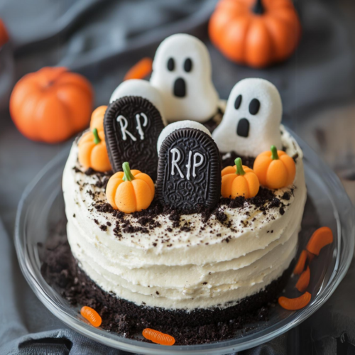 Top-down view of a decorated graveyard pudding cake. White chocolate-covered tombstone cookies are placed into the Oreo topping, and candy corn and pumpkins are arranged around the tombstones.