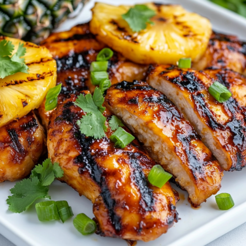 A top-down view of grilled pineapple chicken on a plate, garnished with fresh cilantro and green onions. The chicken is golden and glazed with the simmered marinade, accompanied by charred pineapple rings, ready to be served over rice, salad, or on its own.