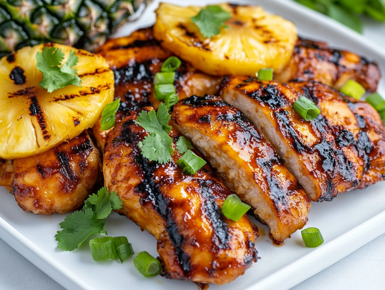 A top-down view of grilled pineapple chicken on a plate, garnished with fresh cilantro and green onions. The chicken is golden and glazed with the simmered marinade, accompanied by charred pineapple rings, ready to be served over rice, salad, or on its own.