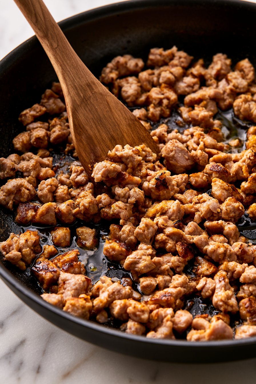 Heat a large skillet over medium-high heat. Once hot, add the avocado oil followed by the ground turkey