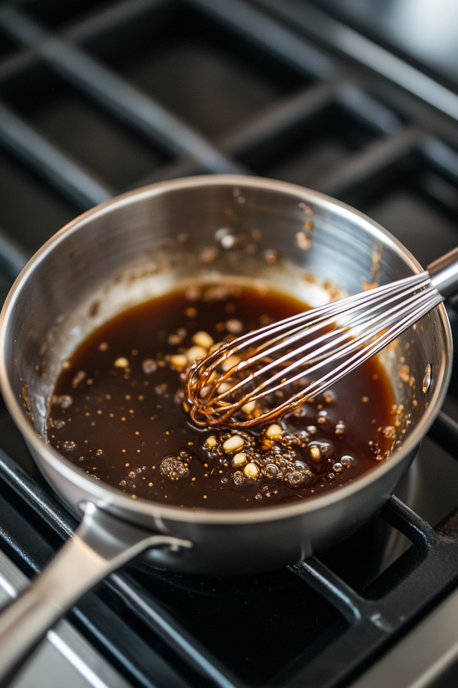 A top-down view of the saucepan on a stovetop. The sauce mixture is being heated over medium heat, beginning to simmer with bubbles forming around the edges. A whisk is stirring the sauce frequently. The focus is on the sauce thickening as it simmers.